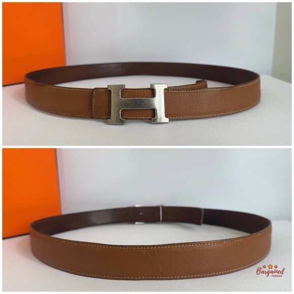 Authentic HERMES Brown Leather H Silver Reversible Buckle Belt B 100 main image 12
